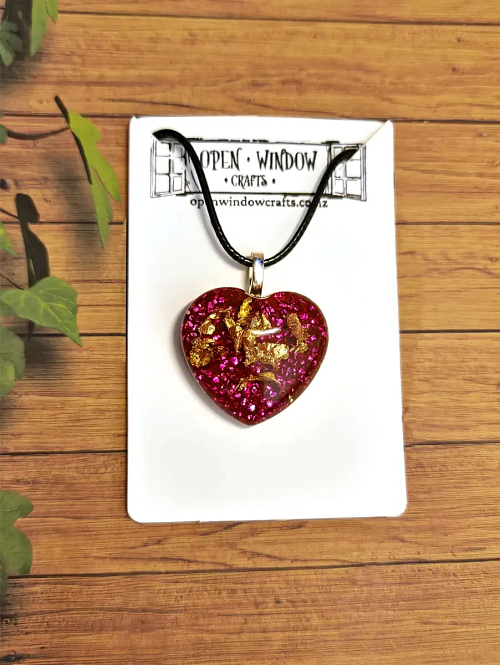Red Glass Heart Gold Flake Necklace Jewellery Handmade Jewellery NZ
