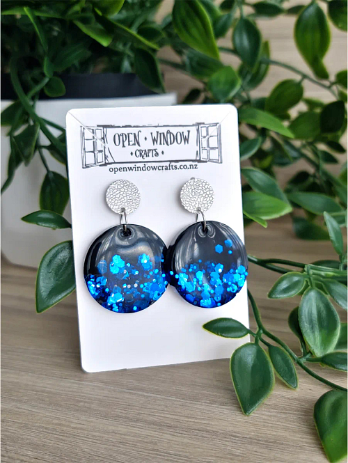 Blue And Black Round Glitter Dangle Stud Earrings Handmade jewellery