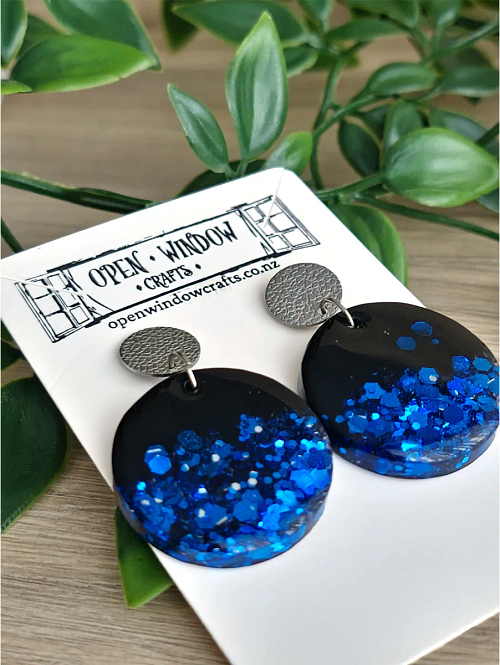 Blue And Black Round Glitter Dangle Stud Earrings Handmade jewellery