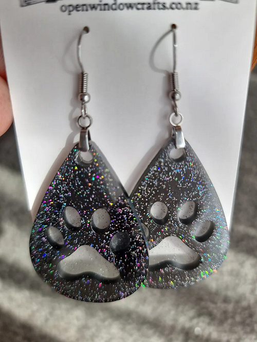 Cat Dog Large Paw Print Dangle Earrings Handmade Jewellery New Zealand