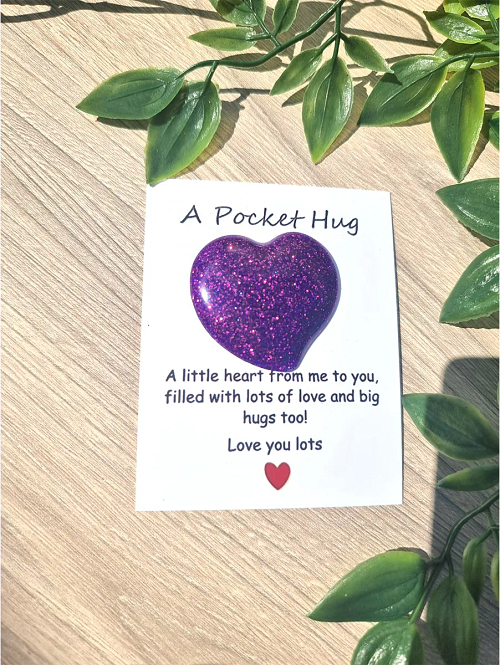 Purple Glitter Resin Heart Pocket Hug Handmade NZ