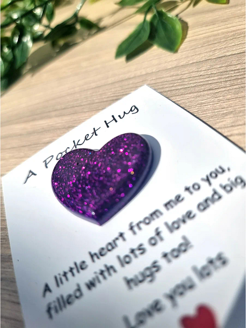 Purple Glitter Resin Heart Pocket Hug Handmade NZ