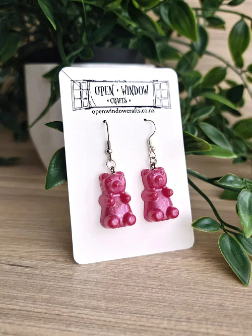 Melon Pink Resin Gummy Bear Bear Dangle Earrings Handmade Resin Jewellery NZ (2)