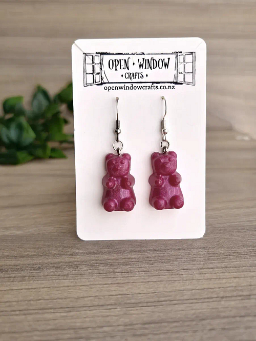 Melon Pink Resin Gummy Bear Bear Dangle Earrings Handmade Resin Jewellery NZ (2)