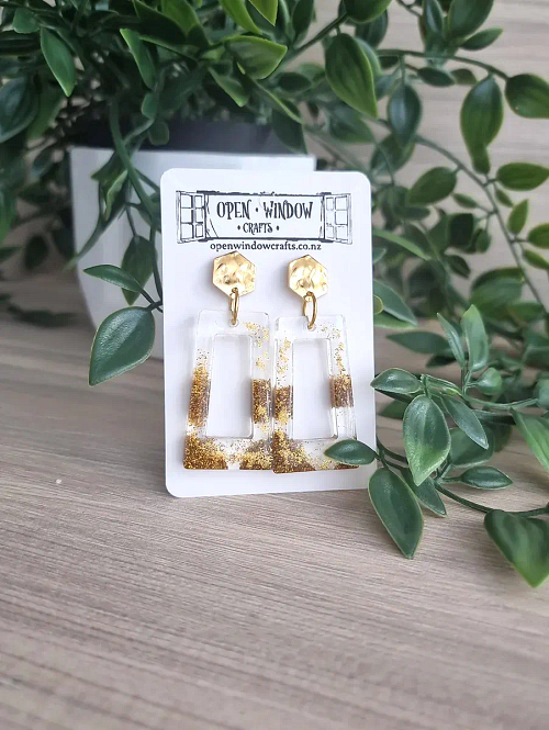 Gold Glitter Rectangle Resin Stud Dangle Earrings Handmade New Zealand