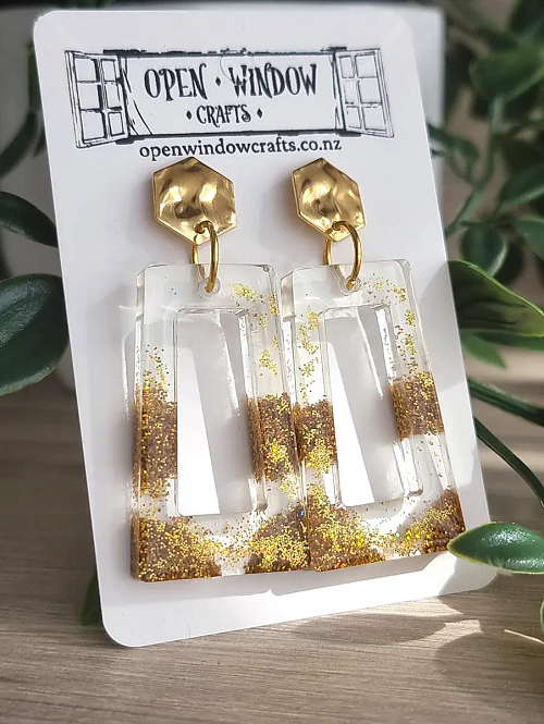 Gold Glitter Rectangle Resin Stud Dangle Earrings Handmade New Zealand