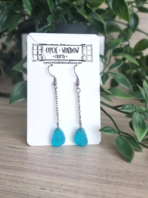 Blue Translucent Glitter Sparkle Dangle Earrings Handmade Jewellery Nz