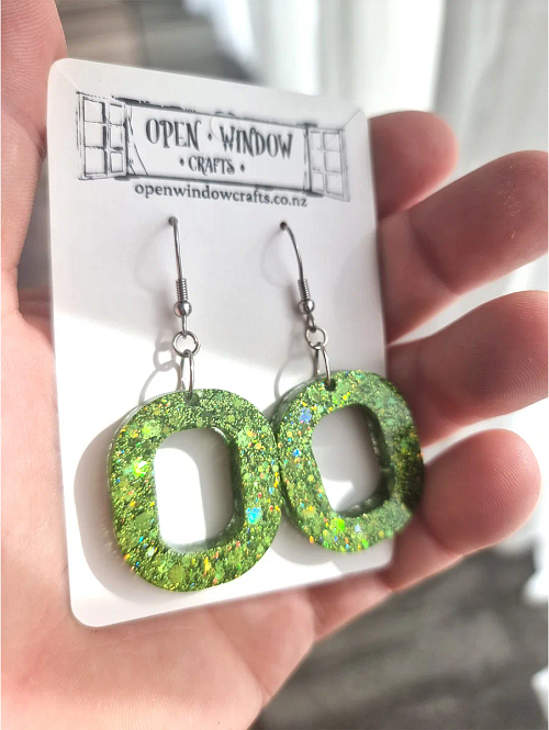 Oval Green Glitter Resin Dangle Earrings Handmade Jewellery NZ