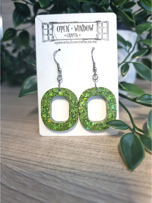Oval Green Glitter Resin Dangle Earrings Handmade Jewellery NZ