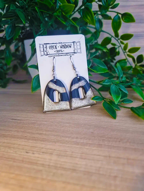 Black and Gold Glitter Resin Shaped Dangle Earrings