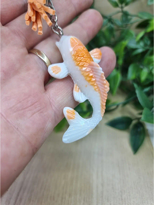 White Orange Resin Koi Fish Keychain Keyring