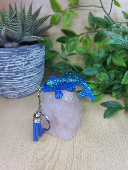Blue Resin Green Glitter Koi Fish Keychain Keyring (1)