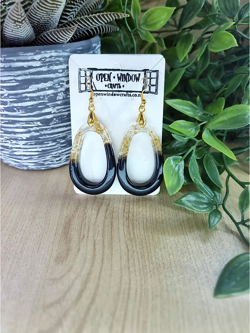 Gold Flake Black Resin Oval Dangle Earrings Handmade Earrings