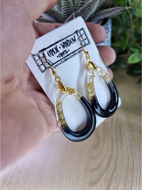 Gold Flake Black Resin Oval Dangle Earrings Handmade Earrings