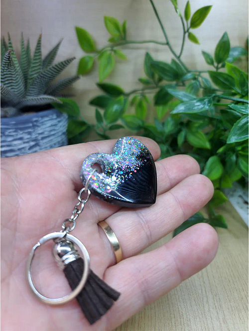 Silver Glitter Heart - Black Resin Key Ring - Resin Keychain