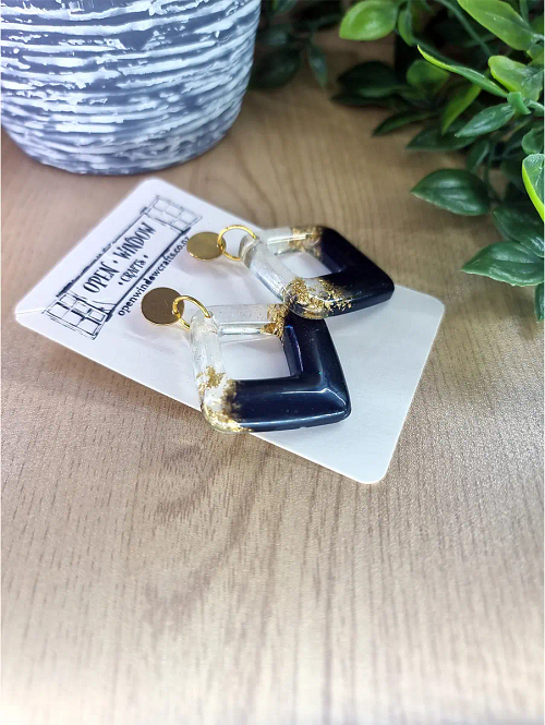 Gold Flake Black Resin Square Dangle Earrings Handmade Earrings (3)