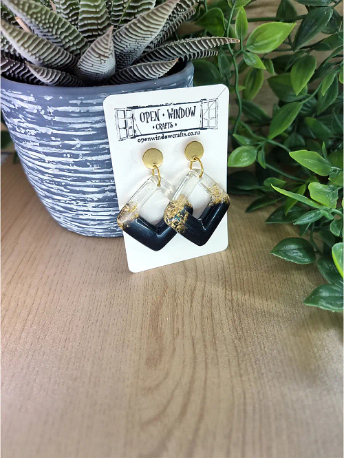 Gold Flake Black Resin Square Dangle Earrings Handmade Earrings (3)