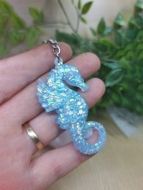 Blue Resin Blue Glitter Seahorse Keychain