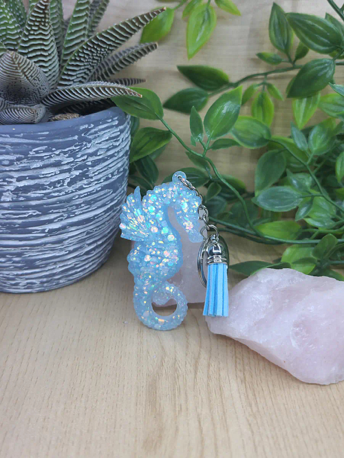 Blue Resin Blue Glitter Seahorse Keychain
