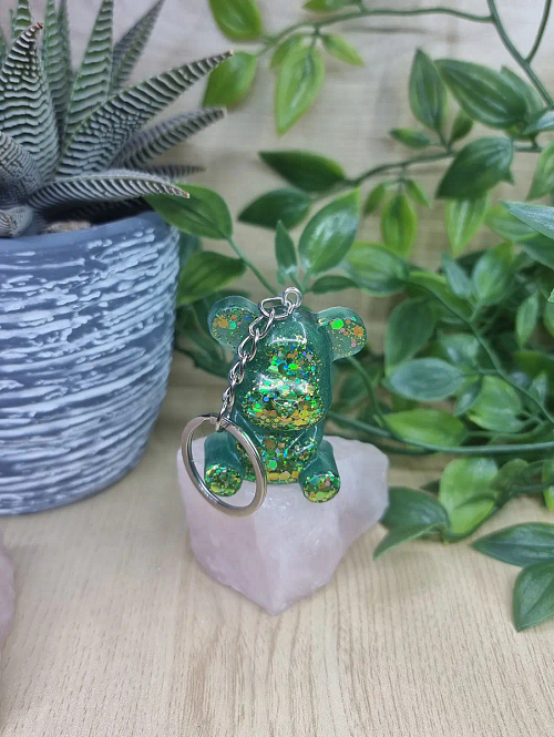 Green Resin And Glitter Bear Keychain Keyring