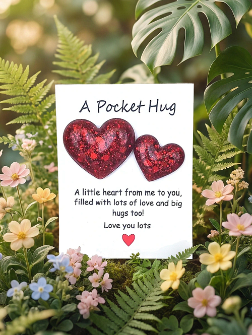 Set of 2 Red Glitter Resin Heart Pocket Hugs 2