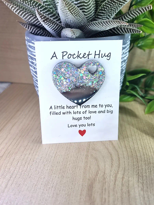 Comforting Silver Glitter Black Resin Heart Pocket Hug – cute handmade resin pocket hug