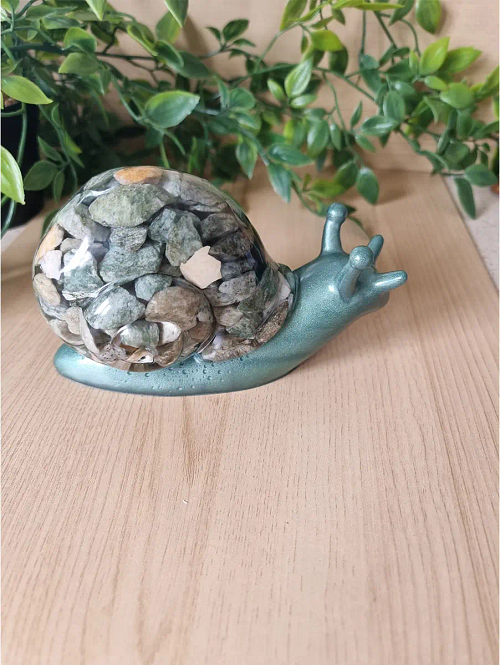 Whimsical Large Green Tones Resin And Stones Snail – cute handmade resin snail figurine