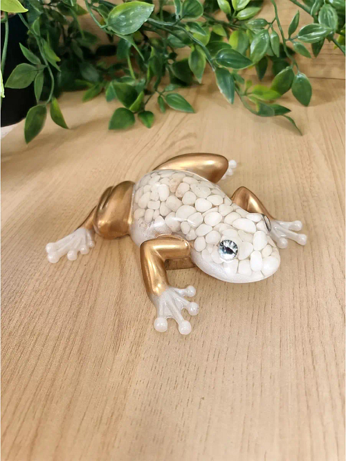 Whimsical Gold And White Pebble Large Resin Frog – cute handmade resin animal