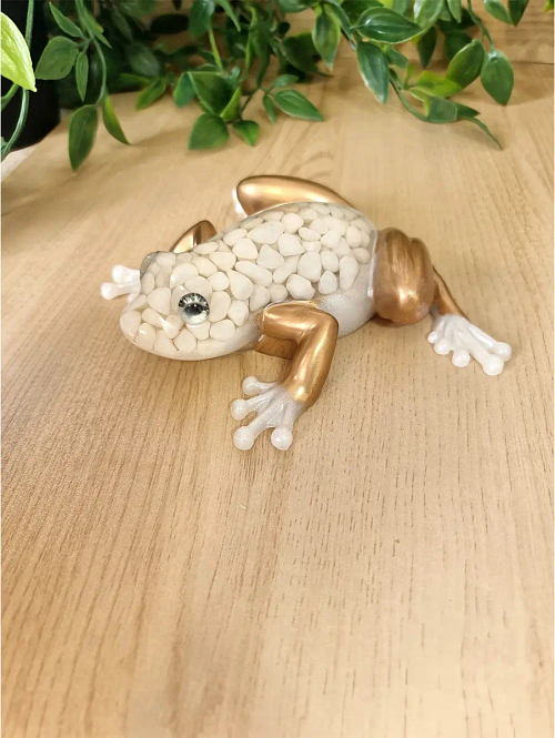 Whimsical Gold And White Pebble Large Resin Frog – cute handmade resin animal