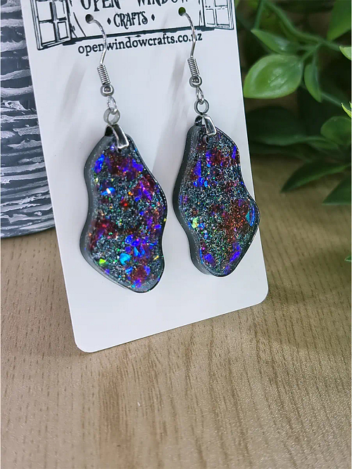 Elegant Large Shimmer Holographic Glitter Resin Earrings – glossy statement resin jewellery