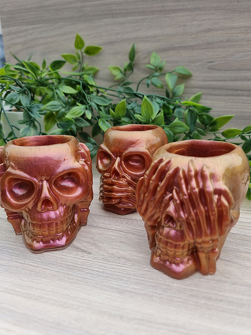 Bronze Shimmer 3 Skulls Hear No Evil See No Evil Speak No Evil Resin Skull Candle Pot Pouri Skull Holder