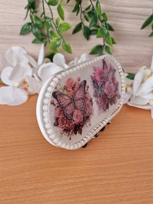 Flower Buttlerfly White Resin Bead Oval Trinket Tray (1)