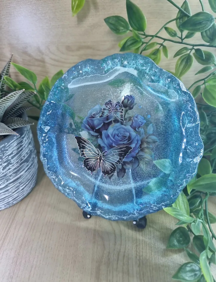Large Holographic Blue Butterfly Resin Trinket Tray