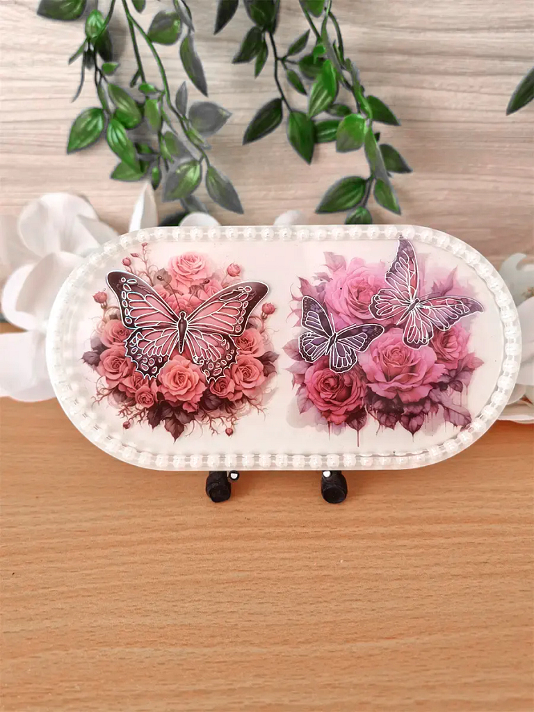 Flower Buttlerfly White Resin Bead Oval Trinket Tray (1)