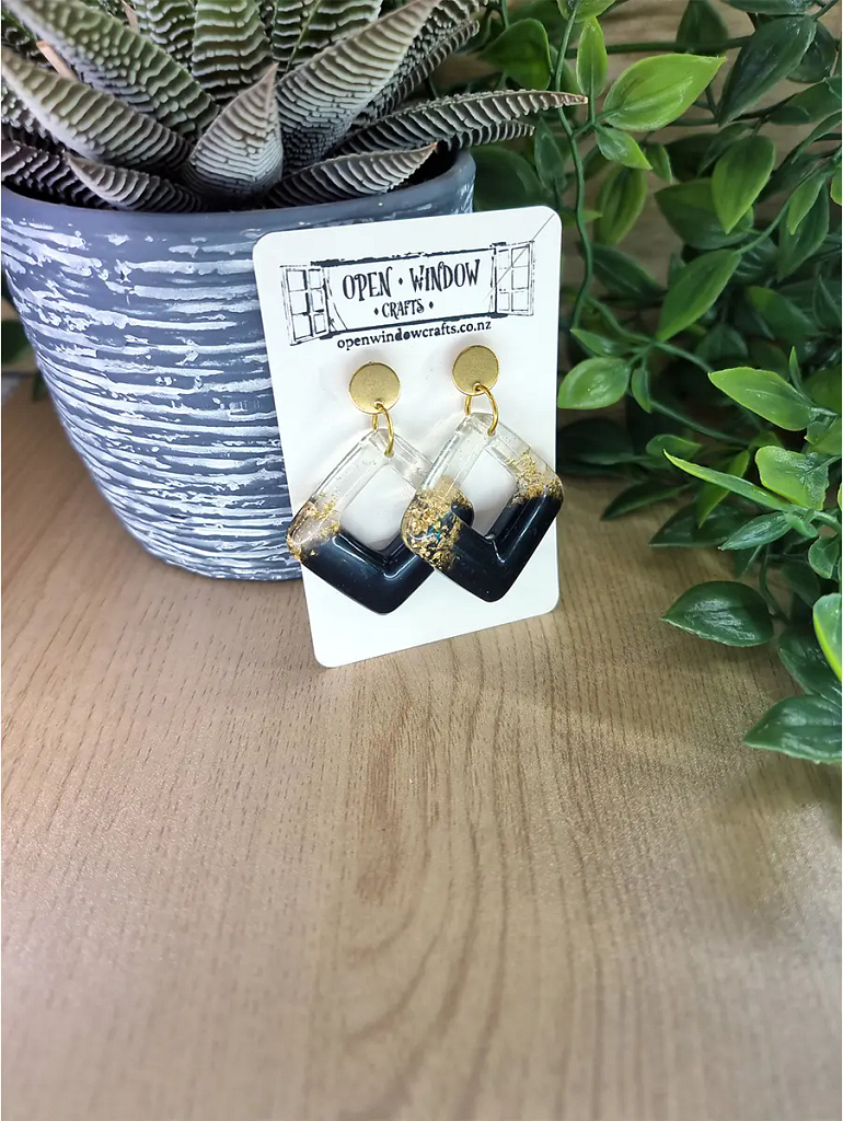 Gold Flake Black Resin Square Dangle Earrings Handmade Earrings (3)