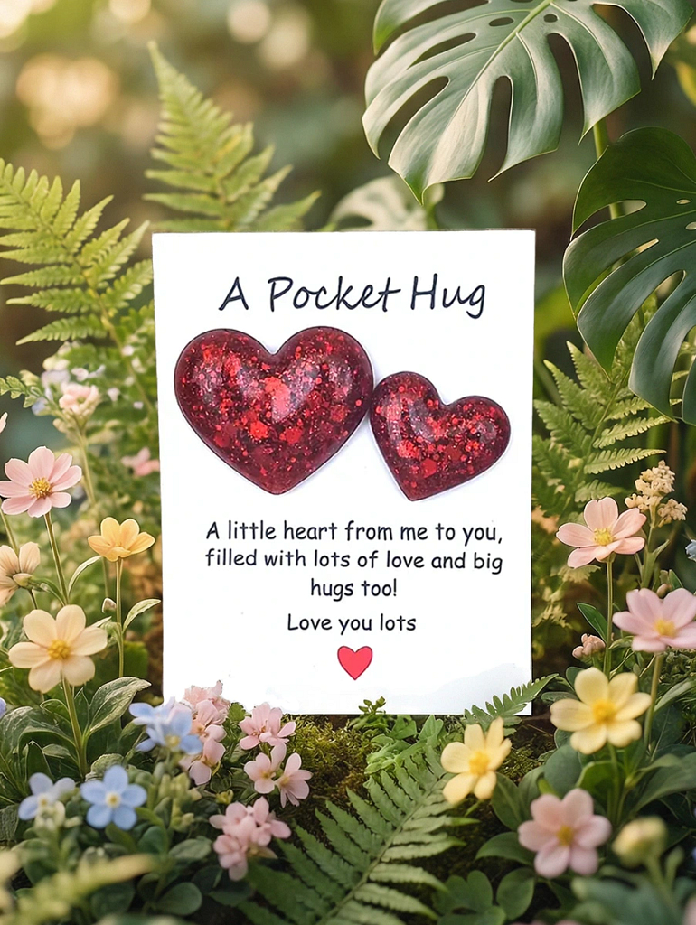 Set of 2 Red Glitter Resin Heart Pocket Hugs 2