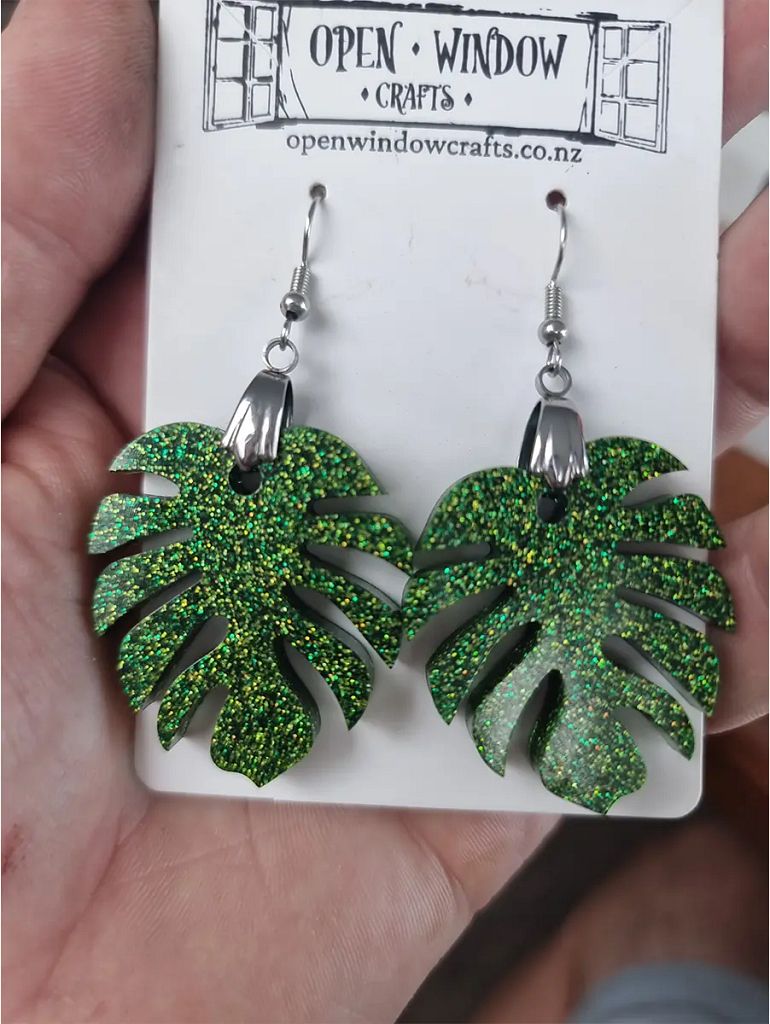 Whimsical Monstera Green Leaf Glitter Earrings - Green Resin Earrings – custom handmade resin jewellery