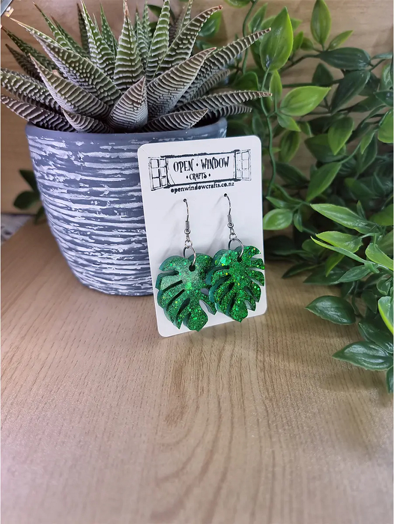 Unique Monstera Green Leaf Glitter Earrings – Green Resin Earrings 1 – artisan resin jewelry piece