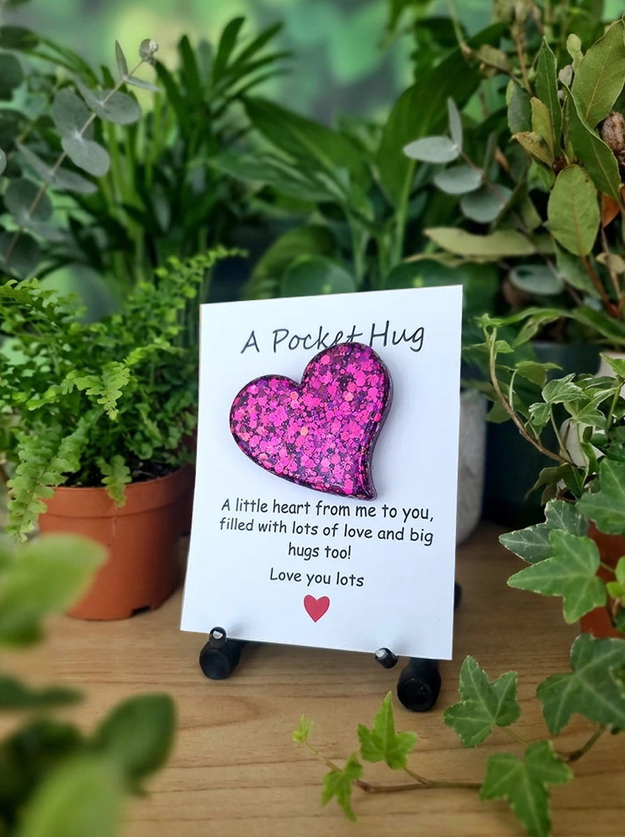 Purple Glitter Heart Resin Pocket Hug - 3.5cm x 3.5cm