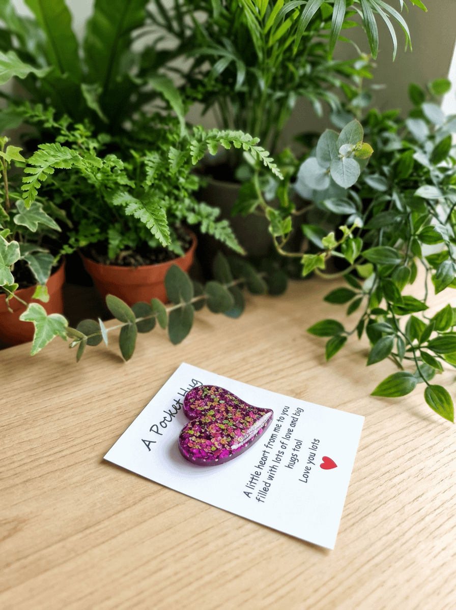 Tiny Purple Glitter Heart Resin Pocket Hug – encouraging resin pocket hug