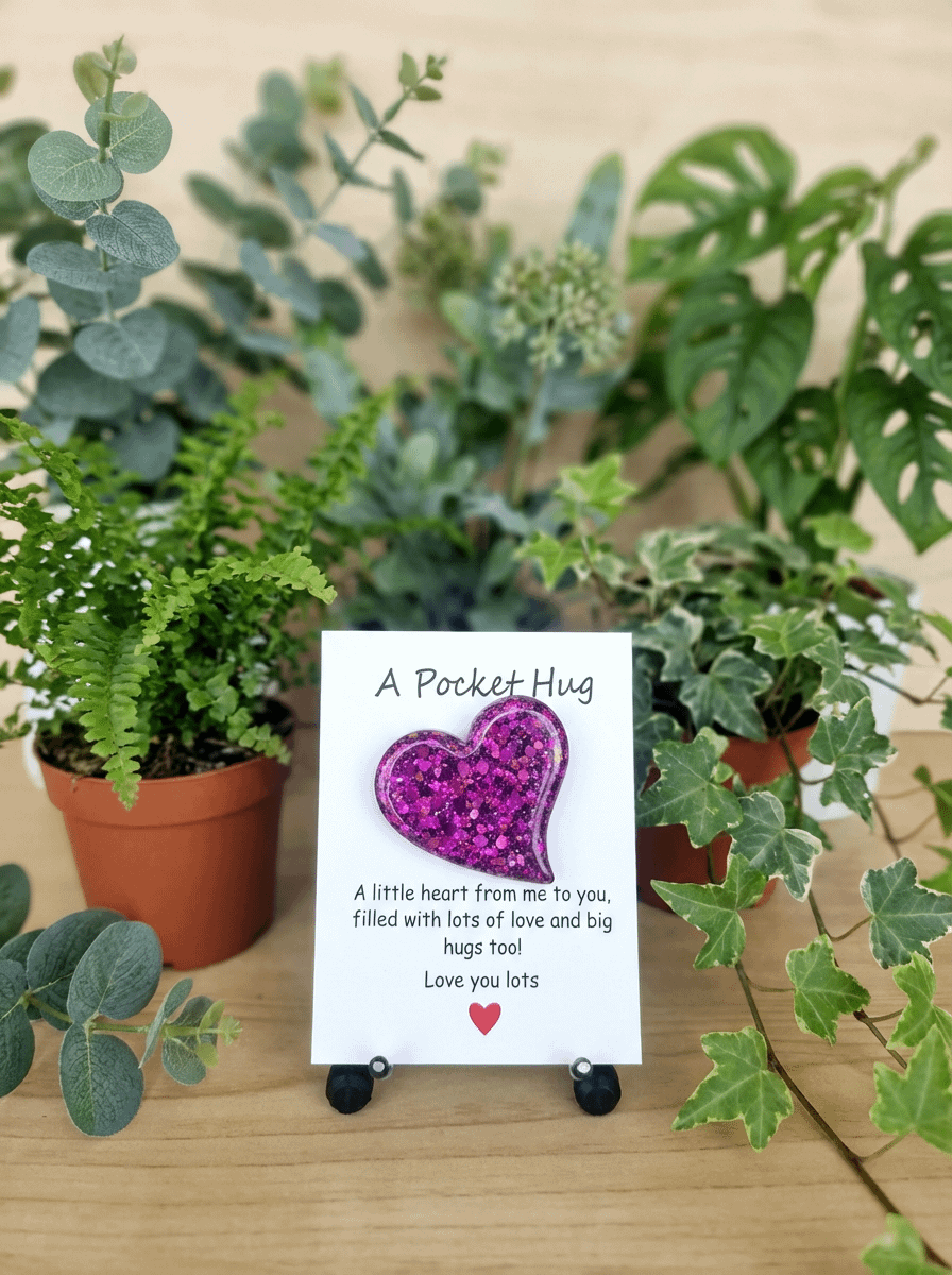 Tiny Purple Glitter Heart Resin Pocket Hug – encouraging resin pocket hug