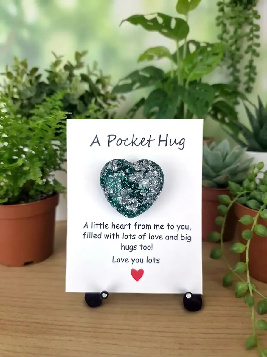 Tiny Green Glitter Silver Flake Resin Heart Pocket Hug – encouraging resin pocket hug
