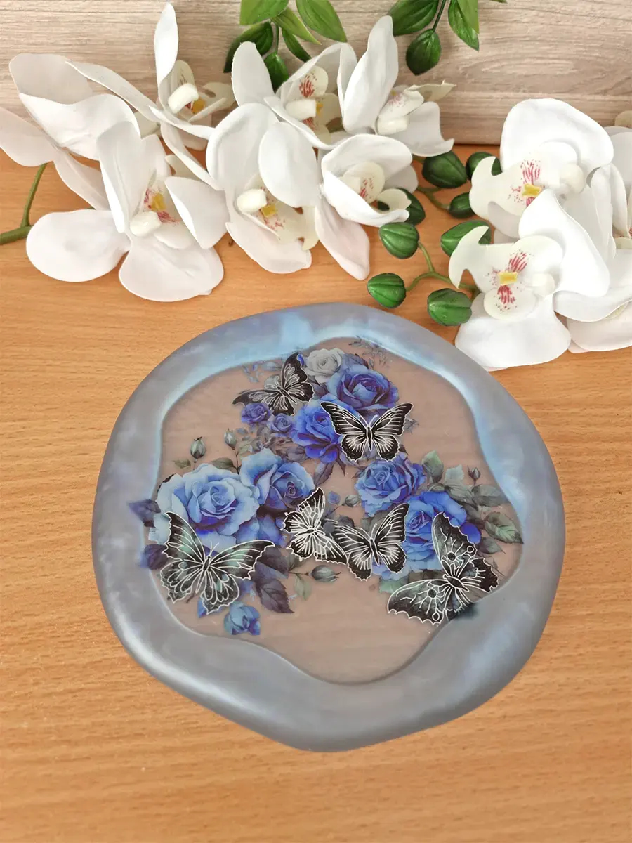 Large Light Blue Butterfly Flower Resin Trinket Tray (1)