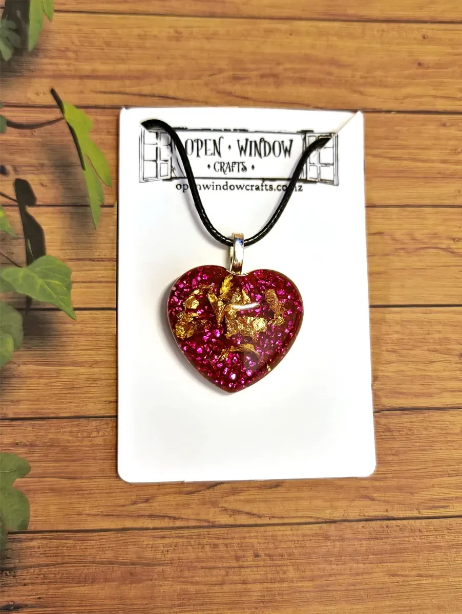 Red Glass Heart Gold Flake Necklace Jewellery Handmade Jewellery NZ