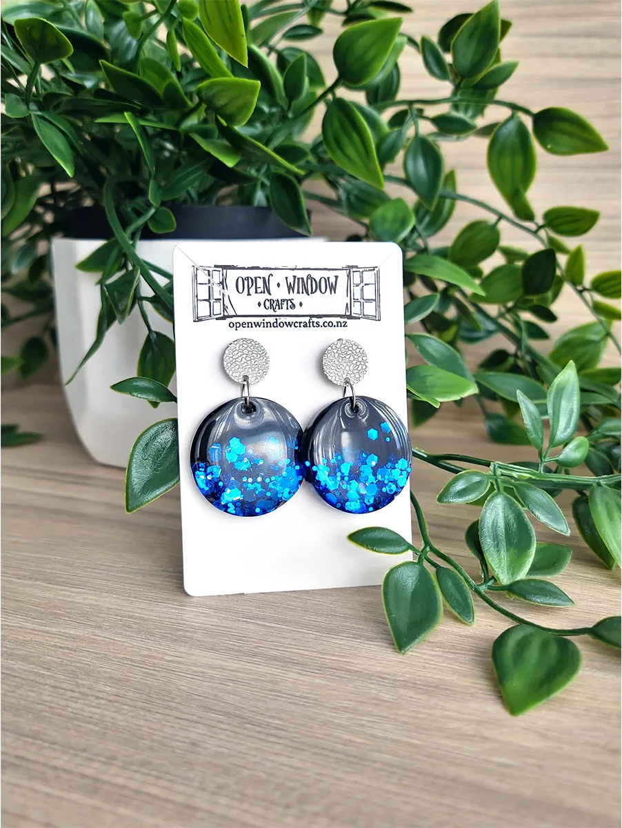 Blue And Black Round Glitter Dangle Stud Earrings Handmade jewellery
