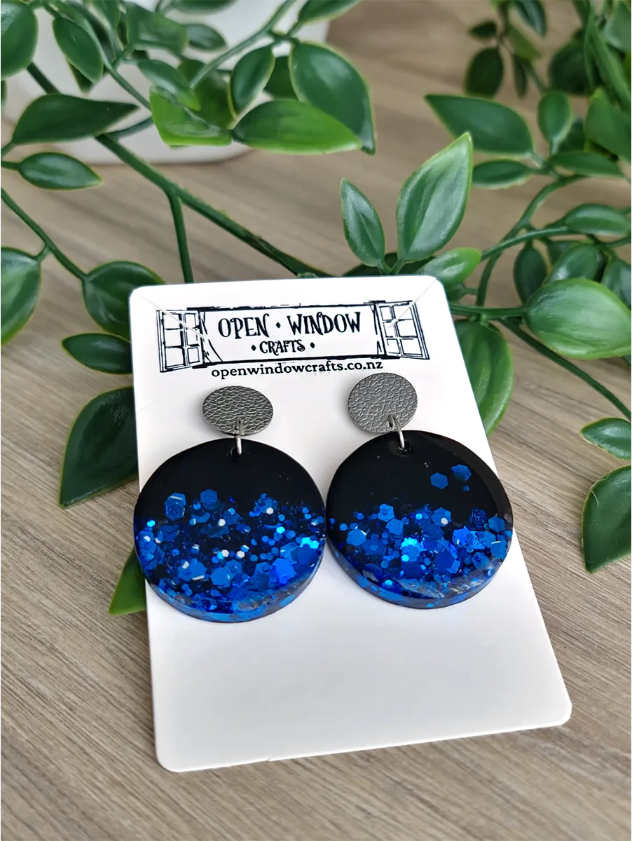 Blue And Black Round Glitter Dangle Stud Earrings Handmade jewellery