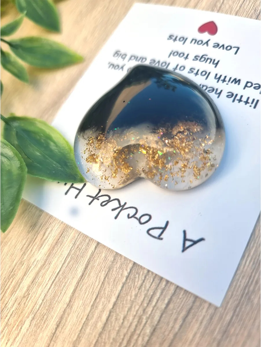 Comforting Gold Flake Black Resin Heart Pocket Hug – cute handmade resin pocket hug