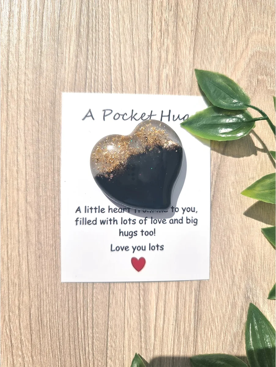 Comforting Gold Flake Black Resin Heart Pocket Hug – cute handmade resin pocket hug