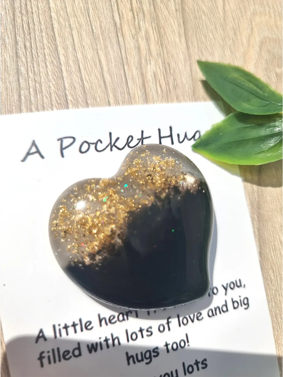 Comforting Gold Flake Black Resin Heart Pocket Hug – cute handmade resin pocket hug