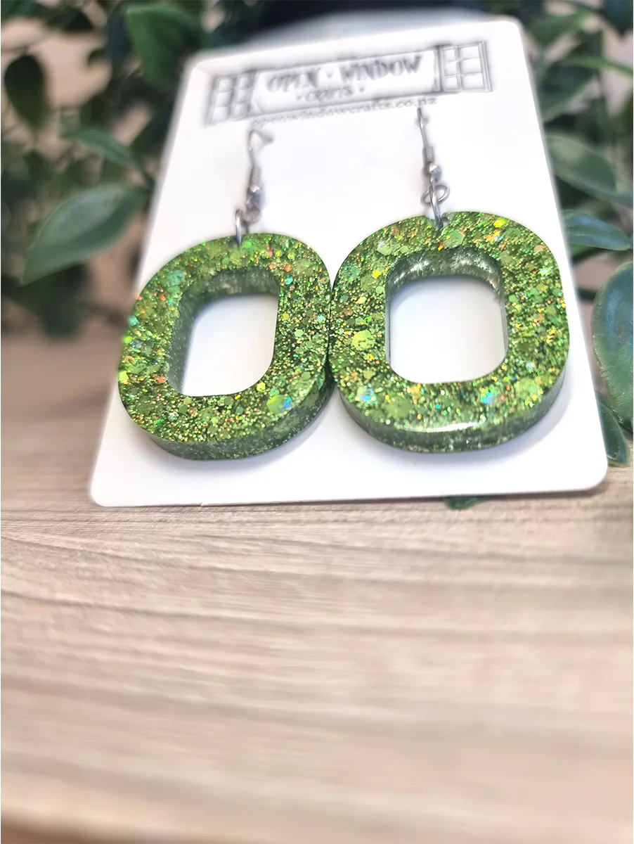 Unique Oval Green Glitter Resin Dangle Earrings - Green Resin Earrings – artisan resin jewelry piece